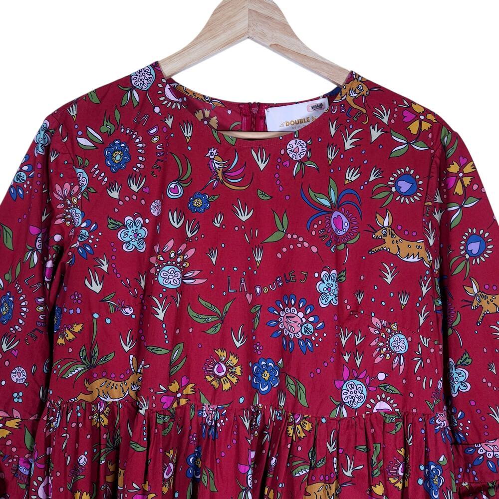 La DoubleJ Womens Bambi Dress Red Floral Print 40 Midi Long Sleeve Boho Chic Fit - Picture 2 of 15